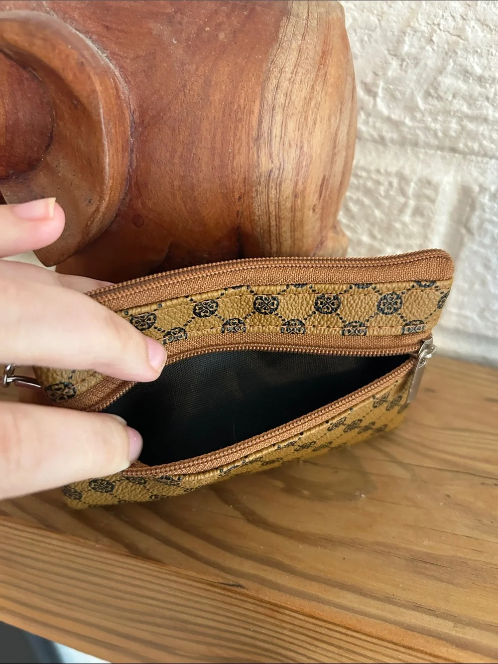 Brown Patterned Double Zip Coin Pouch (NWOT)